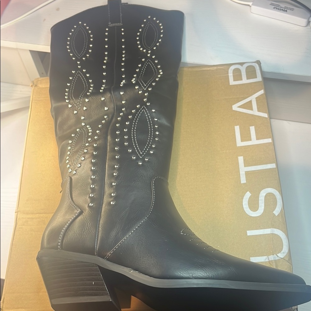 JustFab Black Heeled Boots with Silver Studs
